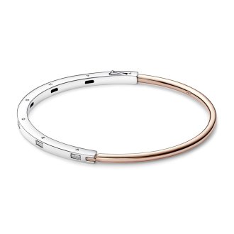 Bangle Pandora logo narukvicar od čistog srebra sa 14k roze pozlatom i prozirnim kockastim cirkonima